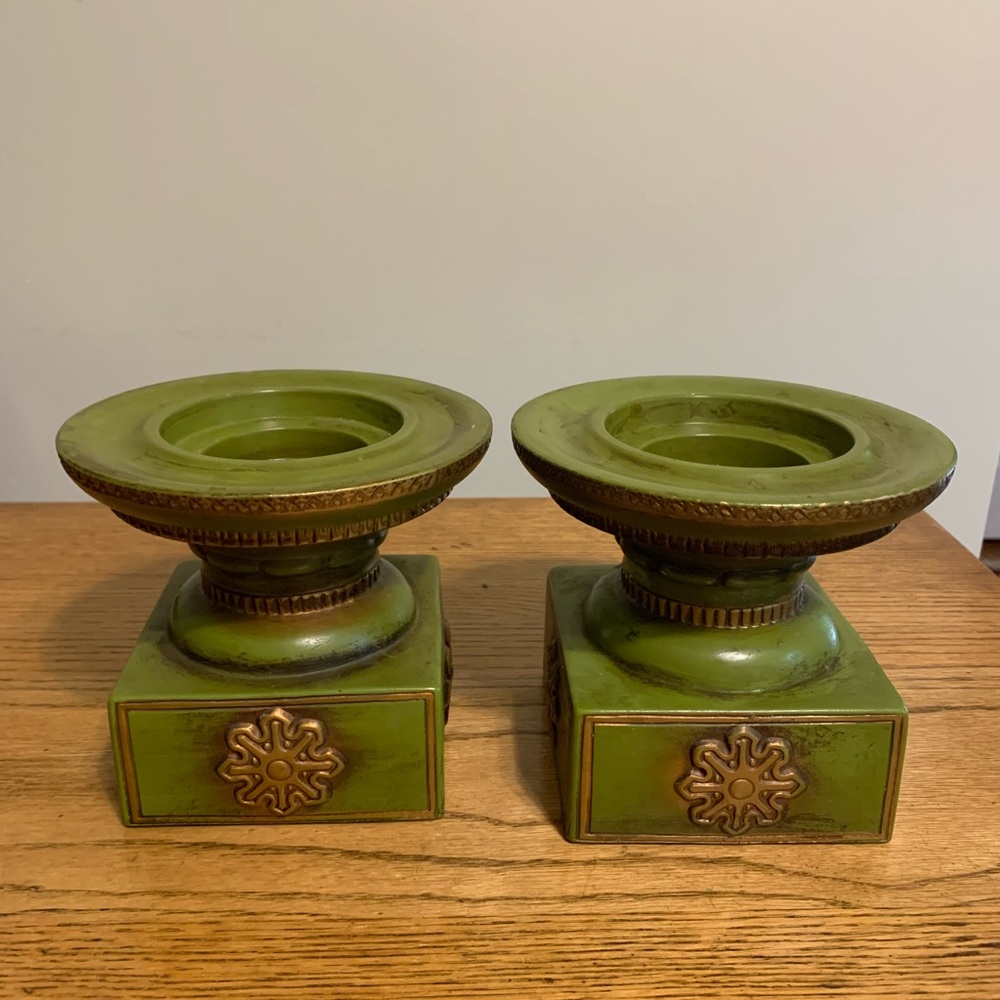 Pair Vtg Green Candle Holders